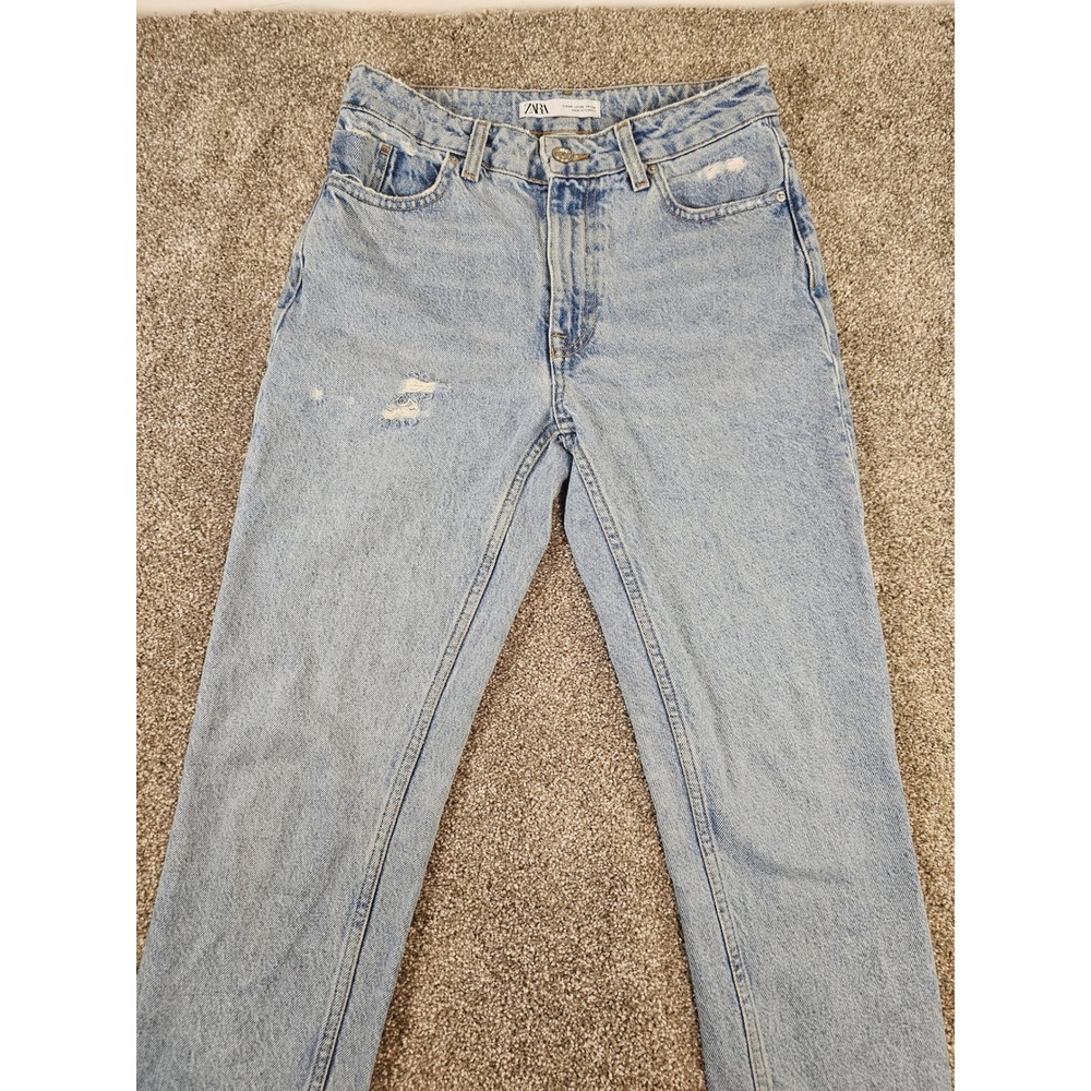 Zara Denim Light Wash Distressed High Rise Straight Leg Jeans - Picture 2 of 16
